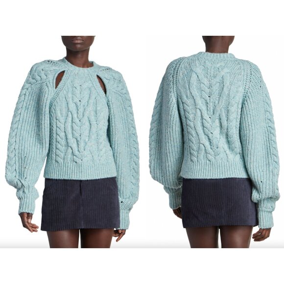 $890 Isabel Marant SS25 Blue Cable Knit Paloma Slash-Cut Sweater size FR 38/6